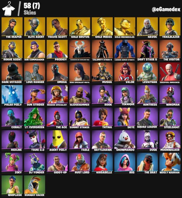 🔥 Full Access Fortnite Account – Travis Scott, The Reaper, Gold Midas, 58 Skins – Last Activity 30+ Days